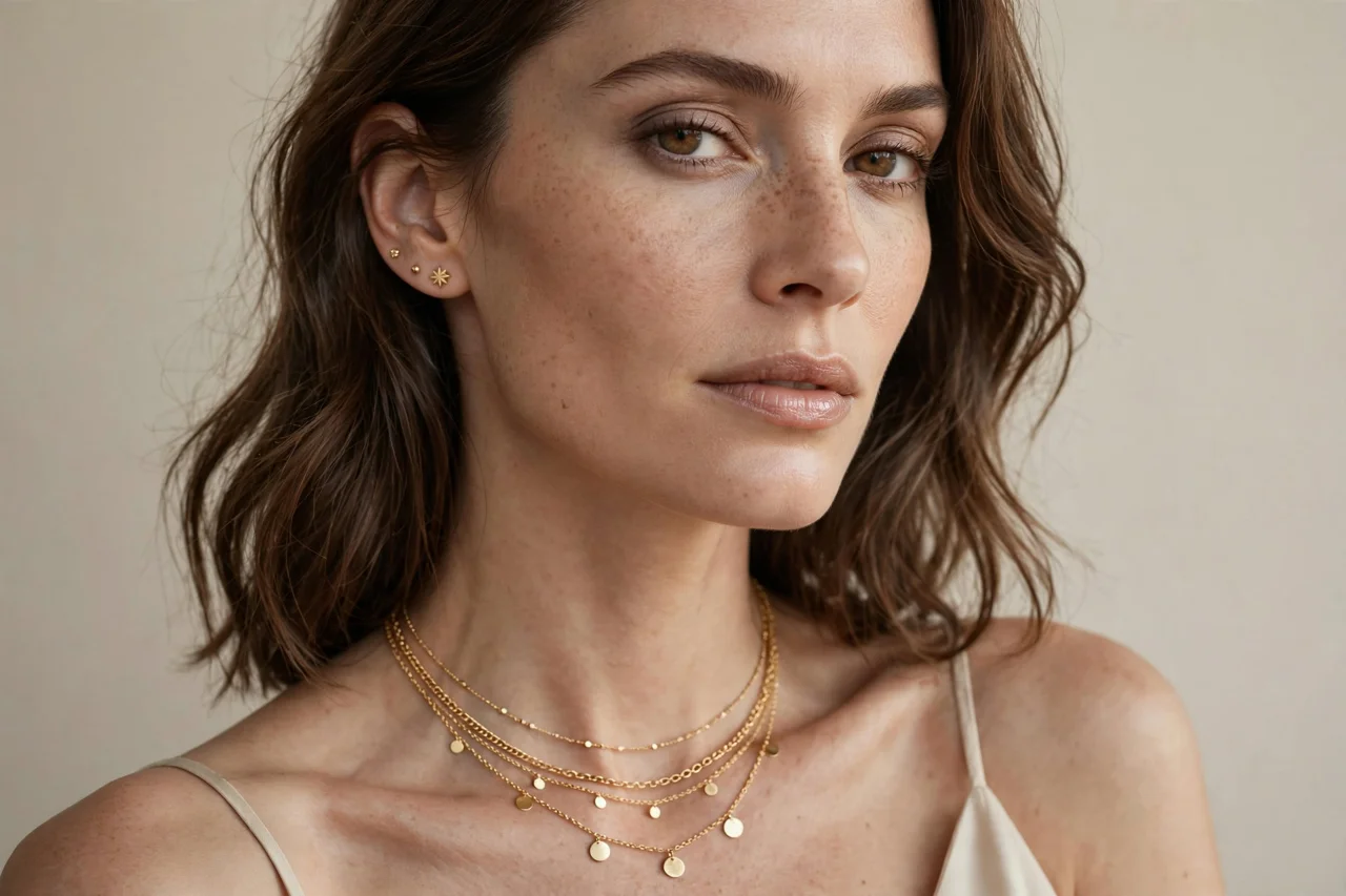 Editorial portrait with delicate gold necklaces and earrings